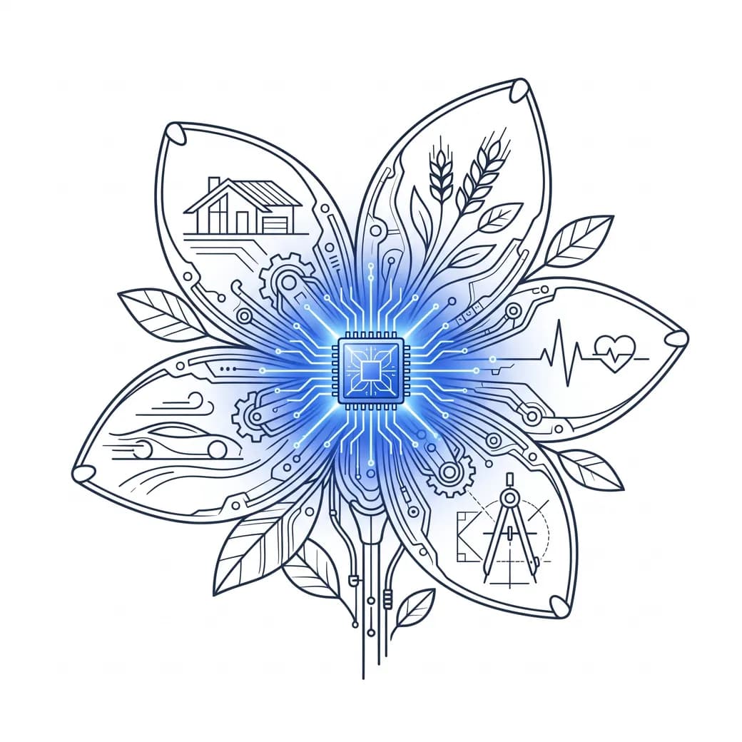 Illustration IQwity : une fleur dont le cœur est une puce électronique et dont les pétales représentent les moments de vie